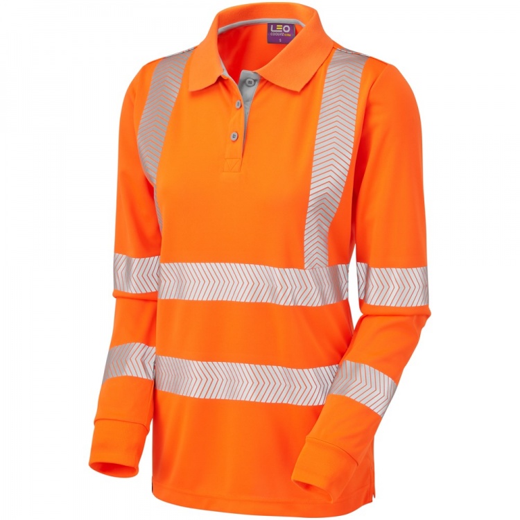 Leo Workwear PL08-O Pollyfield ISO 20471 Class 2 Coolviz Plus Ladies Sleeved RIS-3279-TOM Hi Vis Polo Shirt Orange